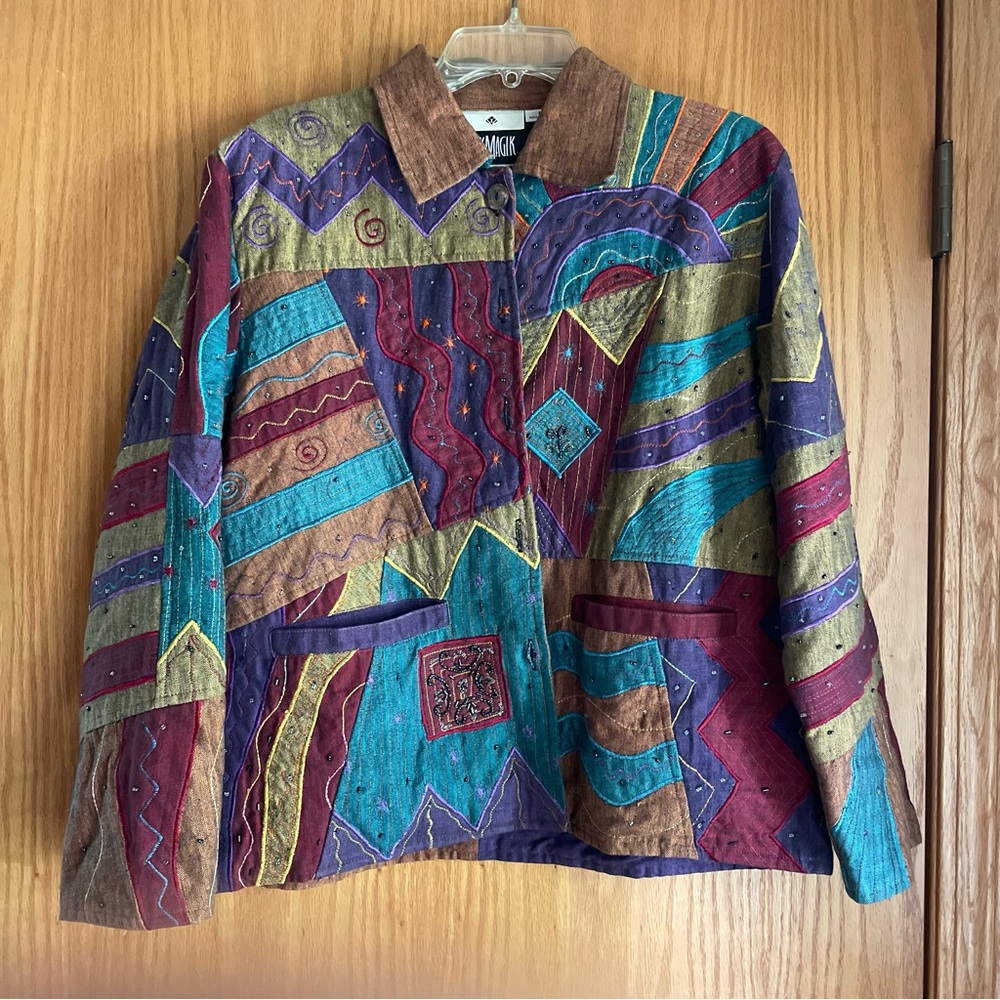 Yak Magik Embellished Beaded EUC Cotton Jacket Medium Blazer jewel tones